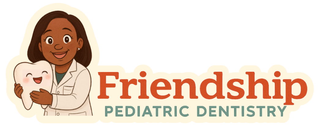 Friendship Pediatric Dentistry with animated image of Dr. Ayanna smiling holding a happy tooth